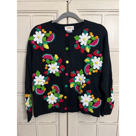 Talbots size PS petite small cardigan sweater crocheted fruit & flower design - Picture 1 of 5
